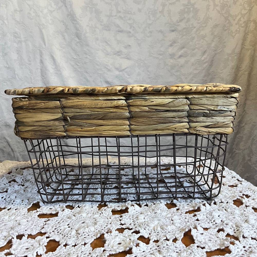Vintage Woven Gathering Basket Wire Frame Leather Hinged Lid‎ Farmhouse Cottage